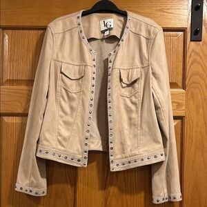 LG Len Gabrielle Women's Tan Studded Open Front Blazer Size 14 Like Ultra Suede